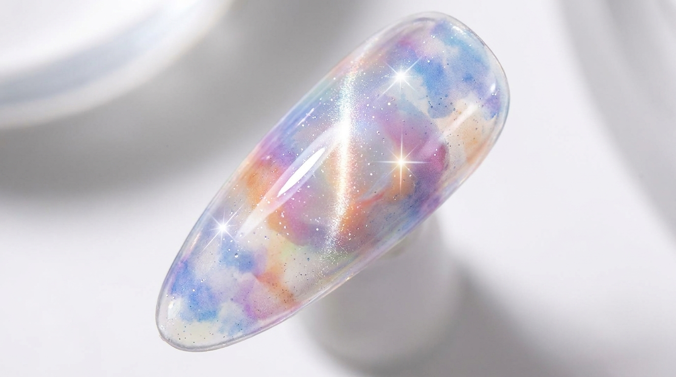 Zbliżenie gotowego paznokcia prezentującego marzycielski efekt pearl aurora z akwarelowymi chmurkami i lśniącym środkiem cat-eye.