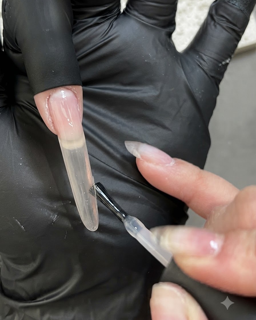 Zbliżenie pędzelka nakładającego drugą, grubszą warstwę różowego żelu na przedłużony paznokieć.