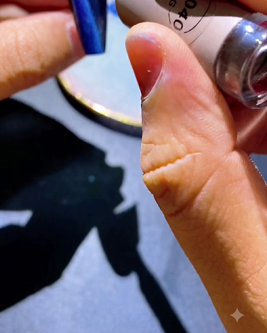 Nakładanie niebieskiego magnetycznego lakieru hybrydowego cat-eye na powierzchnię paznokcia.