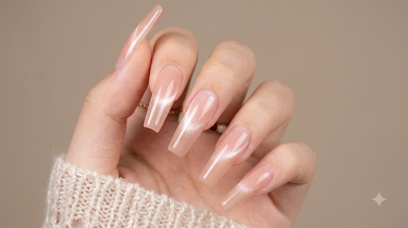 Wiosenne paznokcie ombre i cat eye w odcieniu brzoskwiniowego nude — krok po kroku