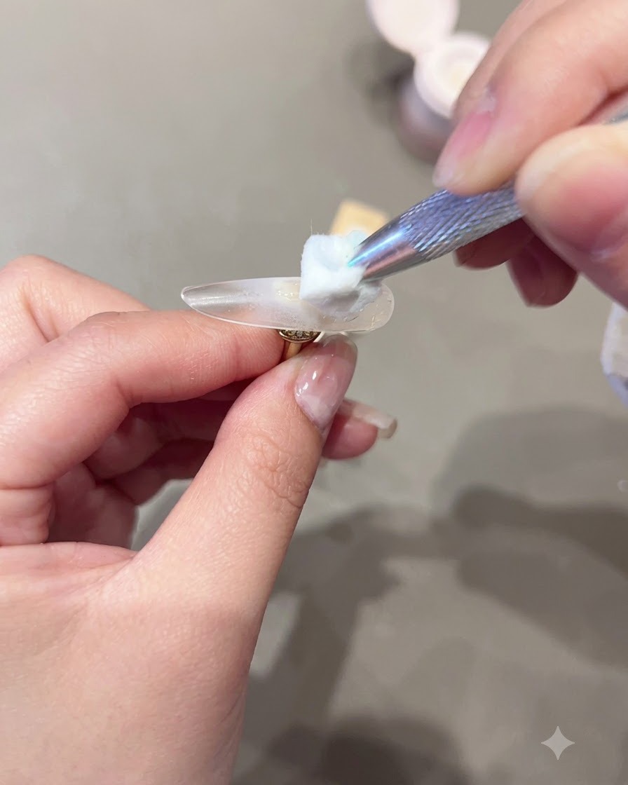 Nástroj držiaci vatový tampón s tekutinou aplikujúcou produkt na číry tip nechta.