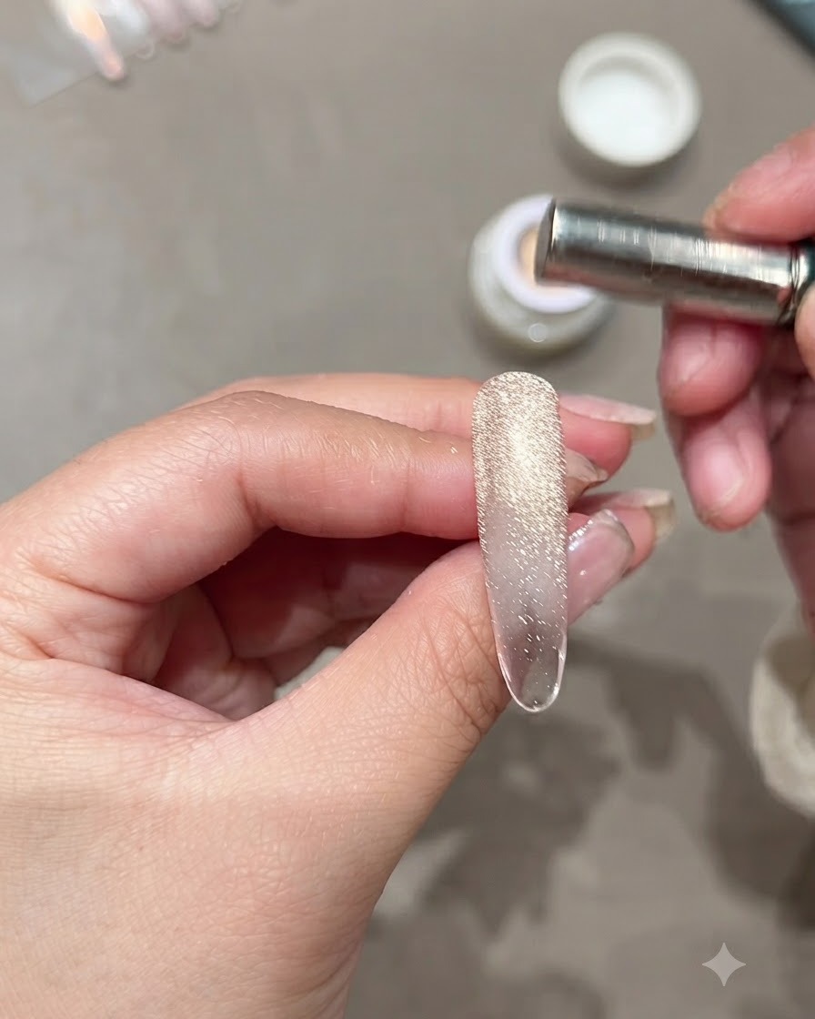 Detail ruky držacej valcový magnet nad predĺženým nechtom, odhaľujúci široký pás tpyetavého efektu mačacieho oka.