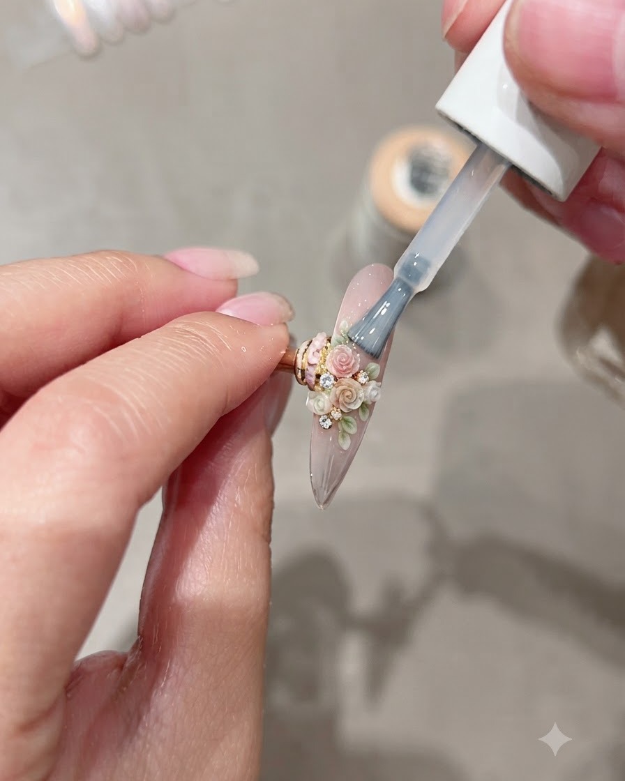 Štetec aplikujúci číry vrchný gél Moding C8 mirror gel na predĺžený necht zdobený 3D miniatúrnym kvetinovým umením.