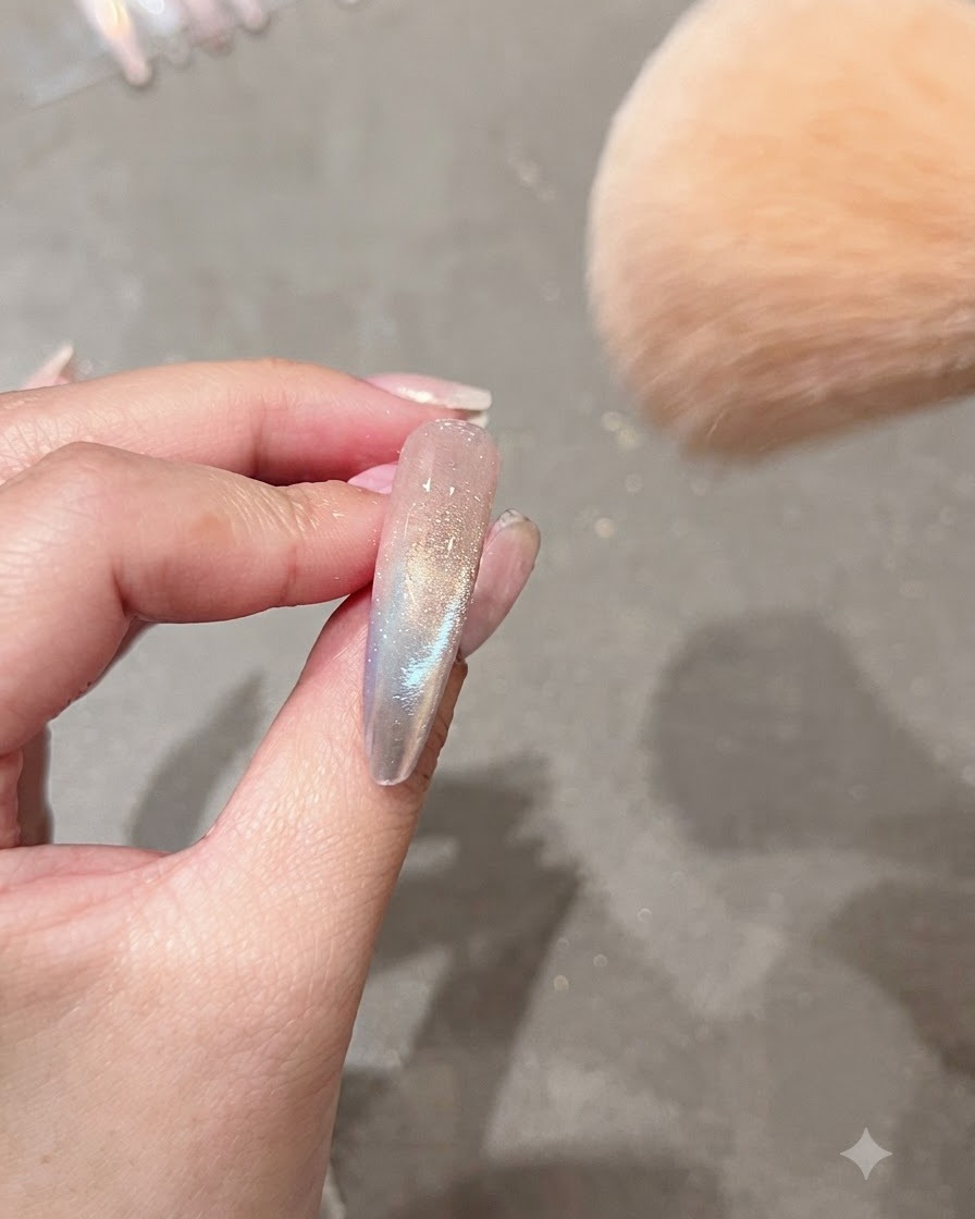Veľký nadýchaný štetec na make-up ometajúci prebytočný aurora prášok z ozdobeného nechta.