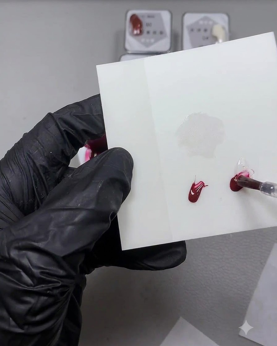 Cienki pędzelek do nail art mieszający kroplę czerwonego żelu z przezroczystą bazą na białej powierzchni do mieszania.