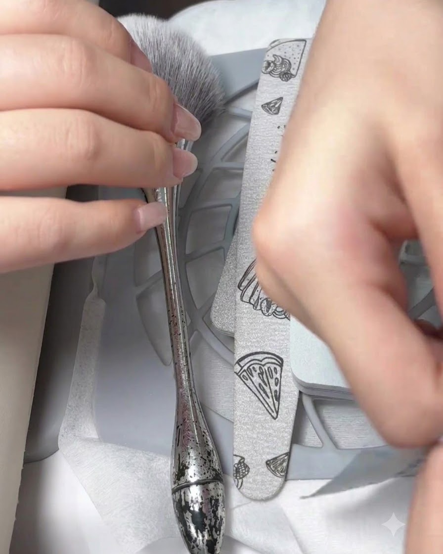 Ręce otwierające zapieczętowaną, sterylną papierową torebkę zawierającą profesjonalne metalowe narzędzia do paznokci.