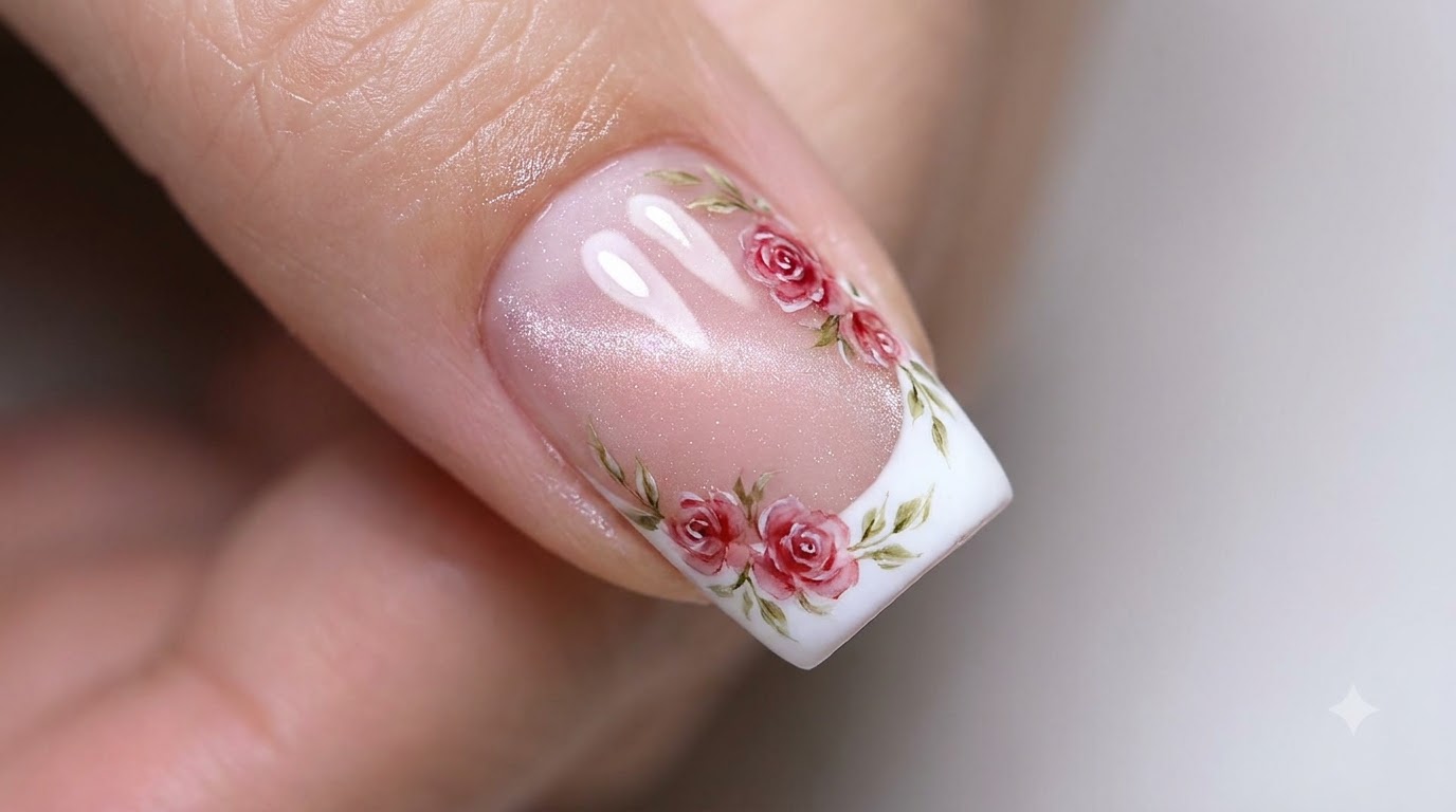 Manicure francuska z akcentem róż akwarelowych i efektem cat eye — krok po kroku