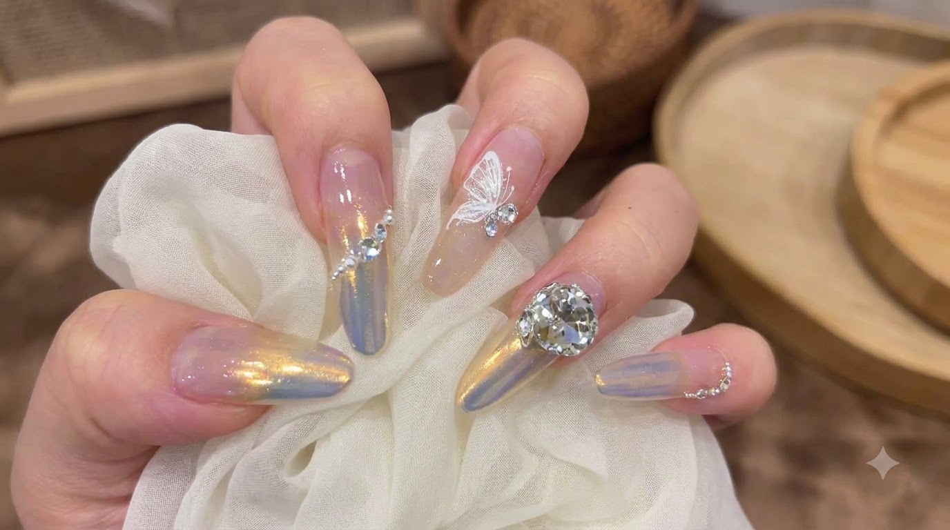 Złocisto-różowy manicure z efektem aurora, gradientem i ozdobnymi motylami z cyrkoniami