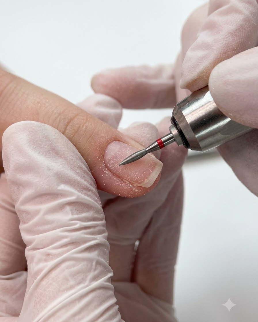 Czerwony frez w kształcie płomienia wykonujący precyzyjne oczyszczenie wzdłuż wału okołopaznokciowego.