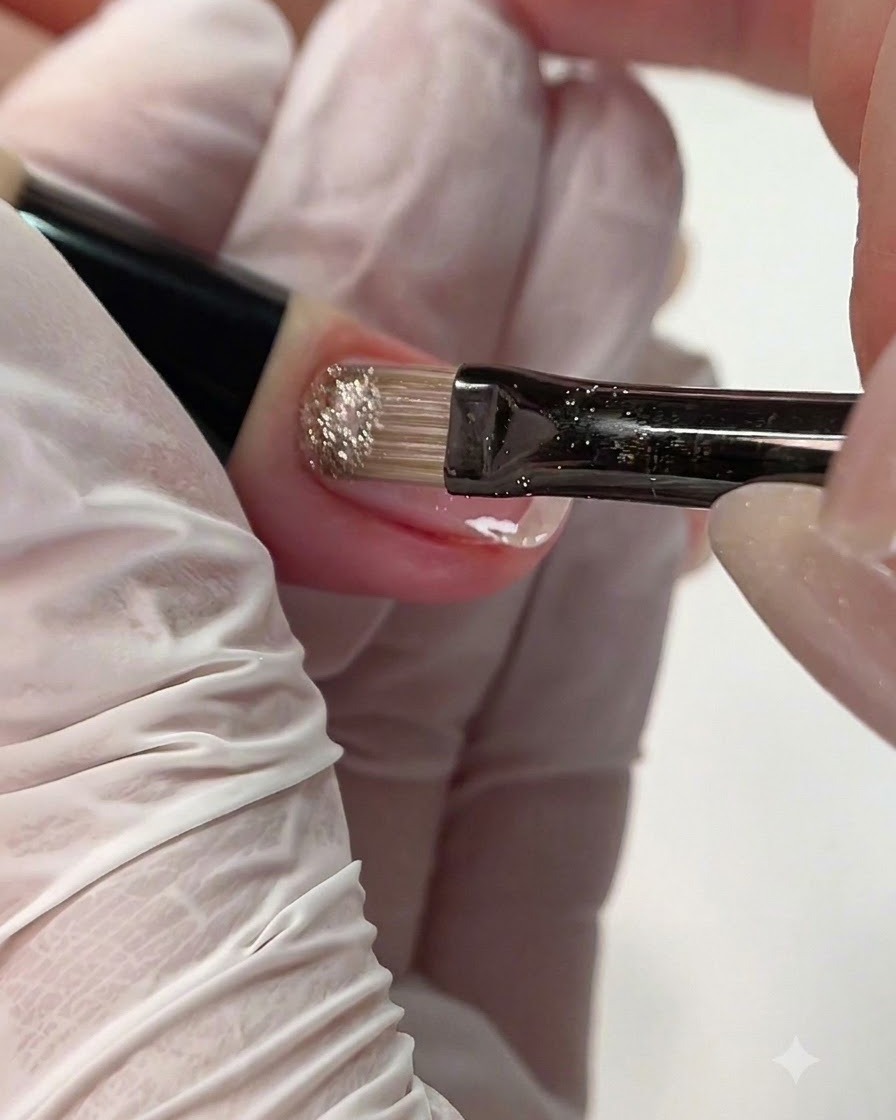 Mały płaski pędzelek nakładający mieniący się żel crushed diamond na tylną krawędź paznokcia.