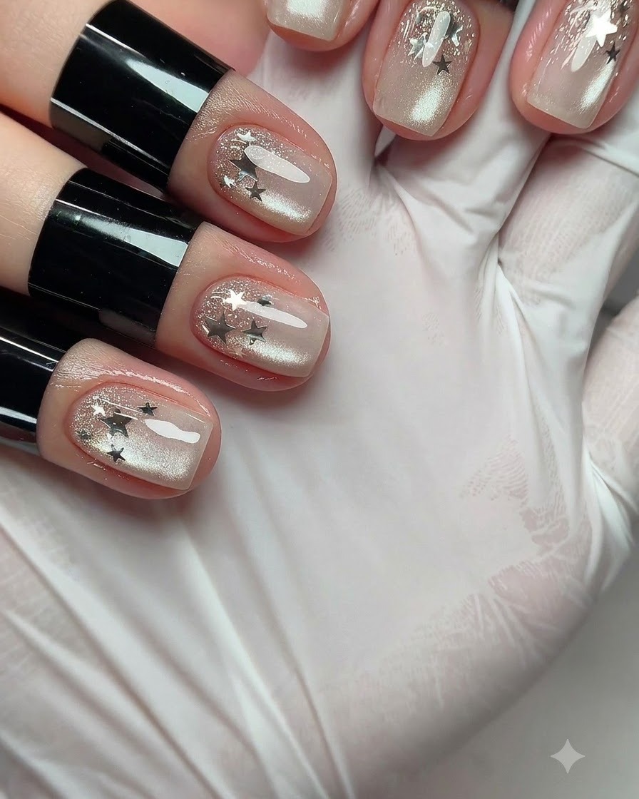 Pędzelek do manicure nakładający lśniący srebrny żel cat-eye na paznokieć.