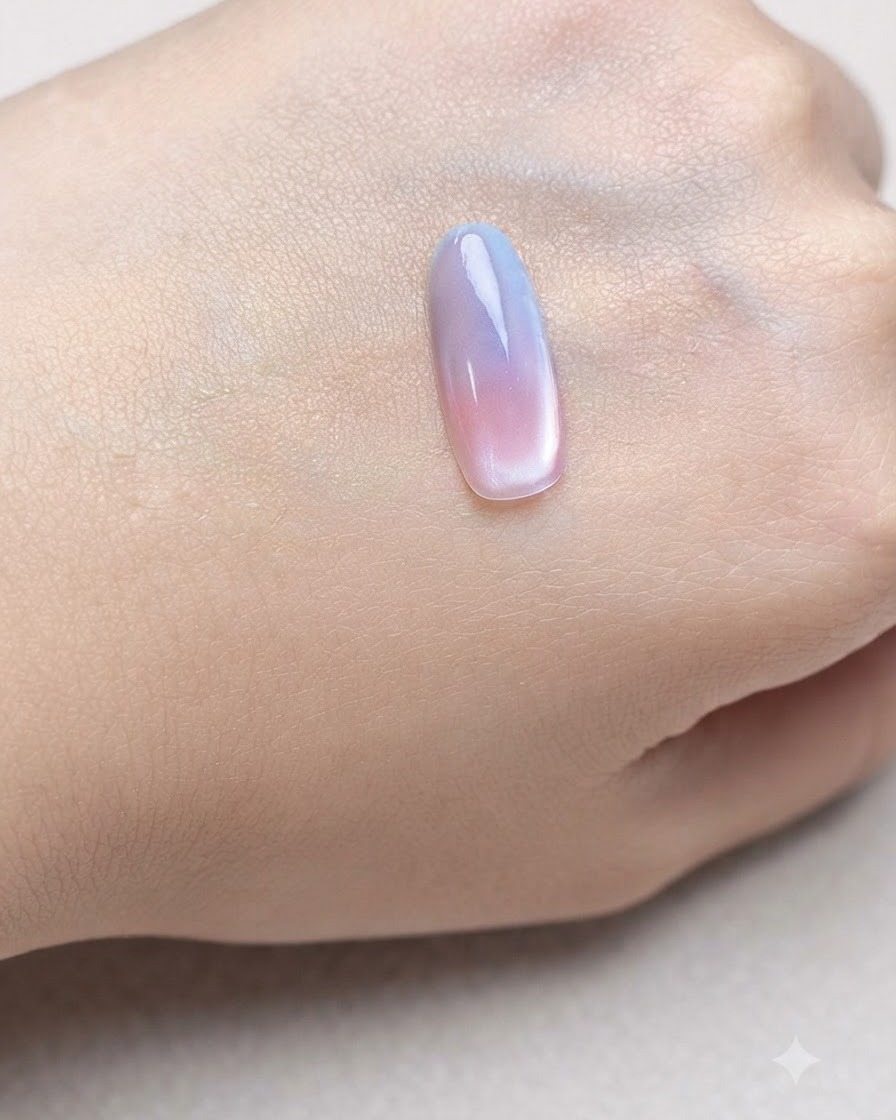 Tip paznokcia pod lampą utwardzającą po zastosowaniu magnetycznego efektu cat-eye.