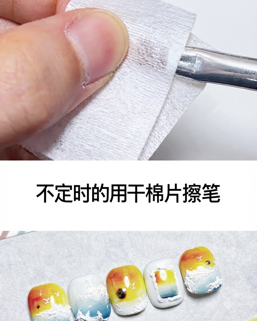 Štetec na nail art utieraný do čista na suchom vatovom tampóne.
