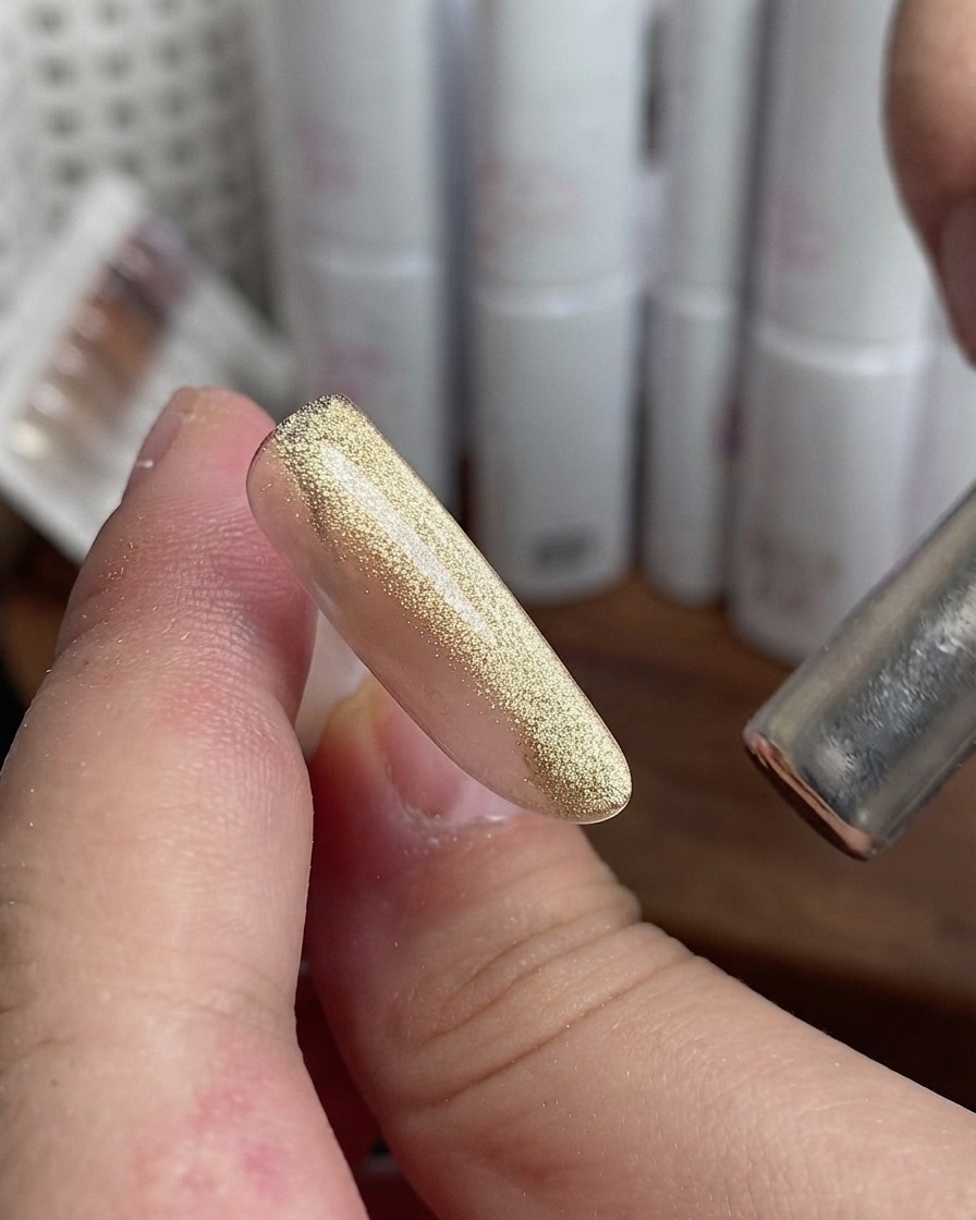 Tips palca wskazującego ze złotym lakierem cat-eye obok magnesu.