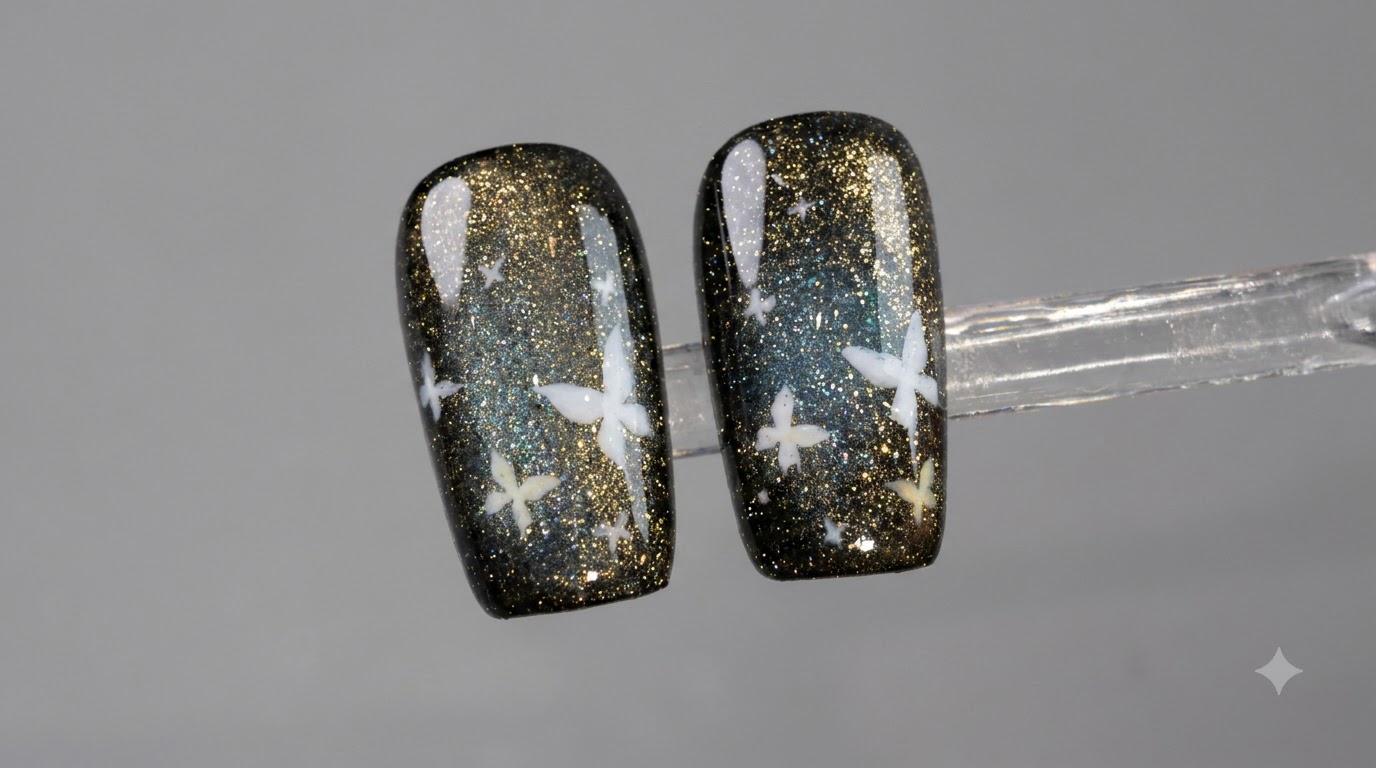 Spadająca Gwiazda Złoty Motyl Cat-Eye Manicure — Instrukcja Krok po Kroku