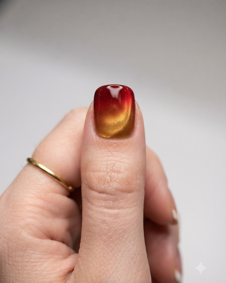 Widok z bliska na narzędzie magnetyczne trzymane w pobliżu pomalowanego na żółto cat-eye paznokcia kciuka.