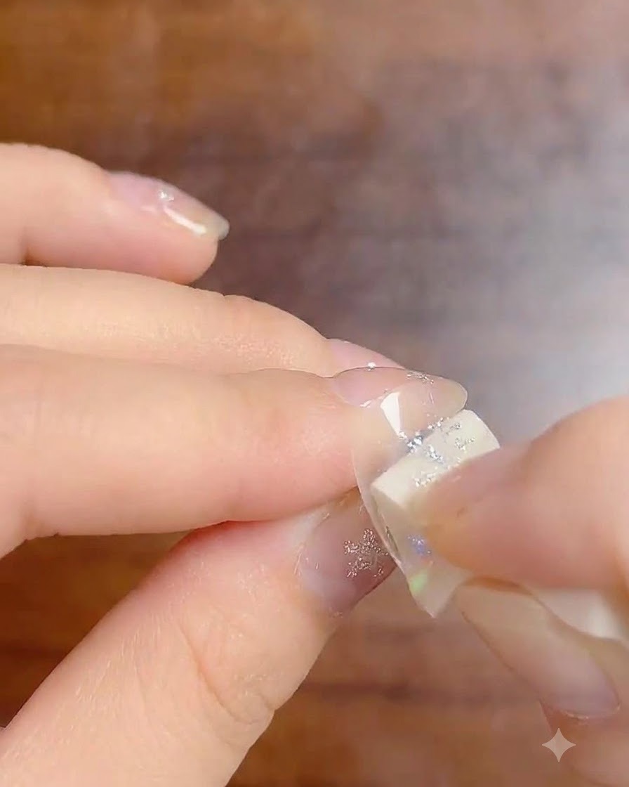 Mała gąbeczka do makijażu aplikująca żel z efektem milky white ombre na końcówkę paznokcia.