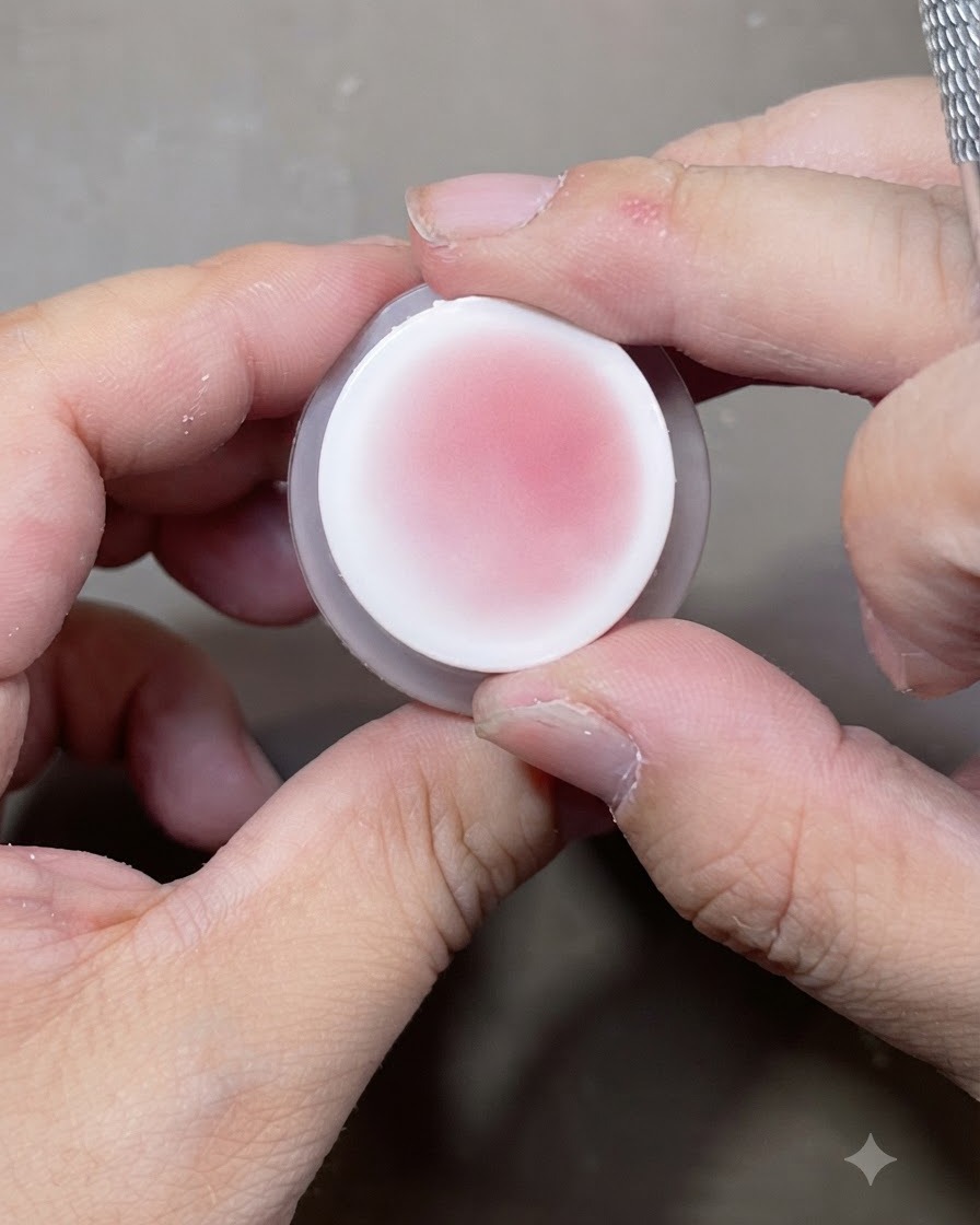 Ein Nagel-Kissenstempel mit sanftem rosa Blush-Pigment, gehalten zwischen Fingern vor dem Auftragen.