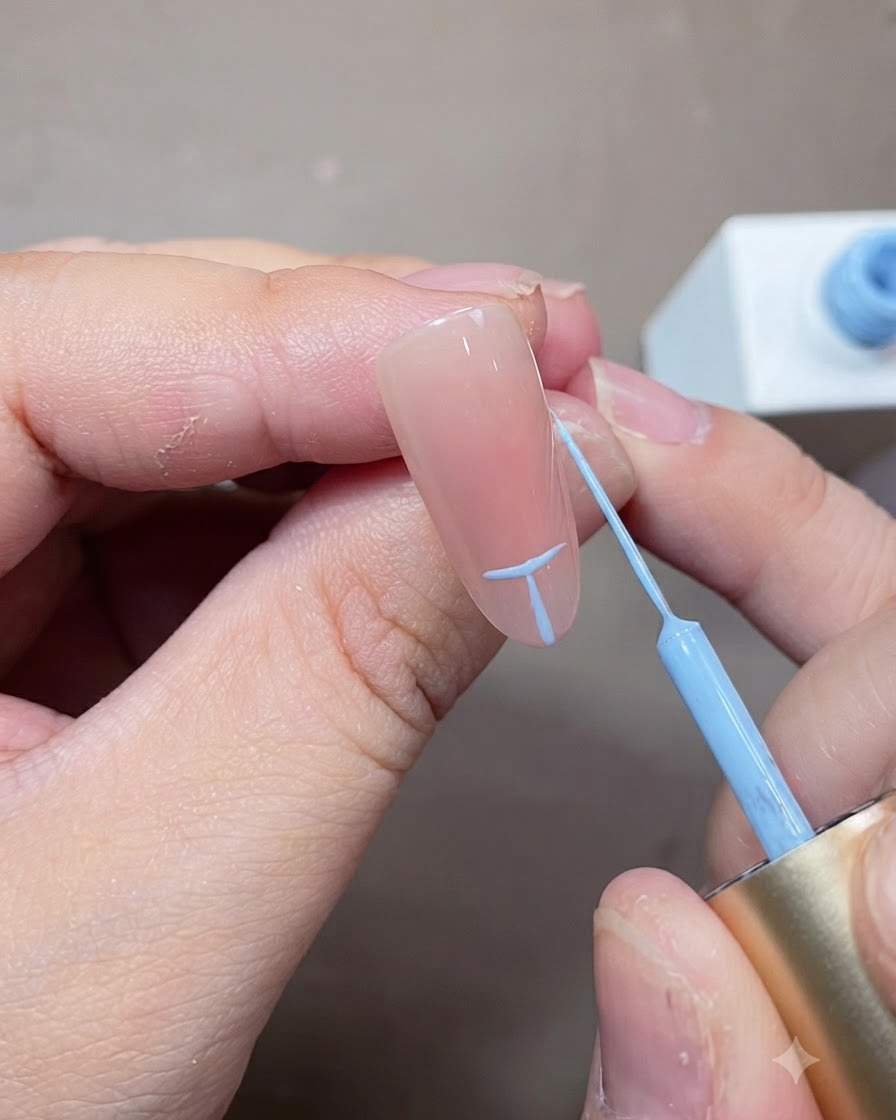 Ein feiner Liner-Pinsel zeichnet hellblaue Ausrichtungslinien auf einen Nude-Nagel, um die French-Tip-Form zu planen.