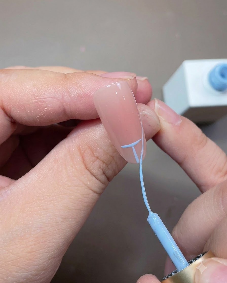 Ein feiner Liner-Pinsel verbindet blaue Hilfslinien, um einen glatten French-Tip-Bogen über dem Nagel zu erzeugen.