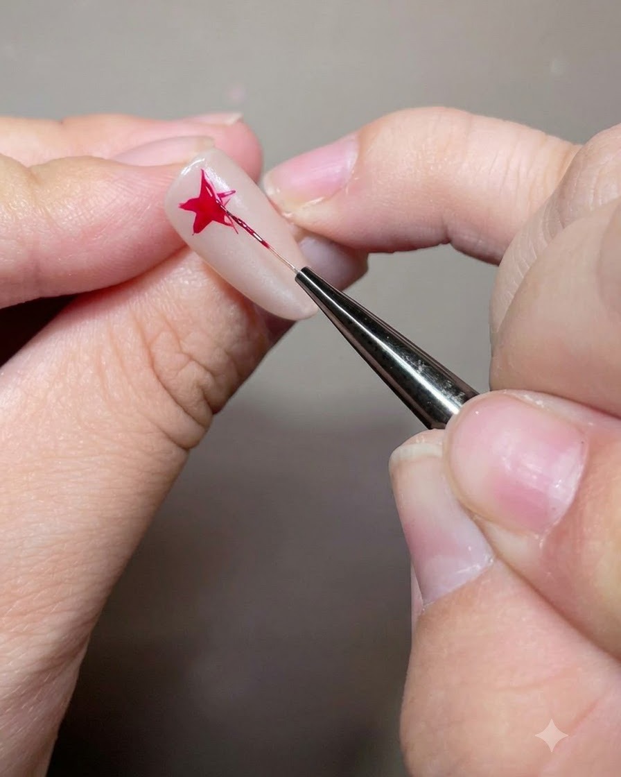 Ein feiner Liner-Pinsel füllt ein rotes Sternmuster auf einem Gel-Nagel aus.