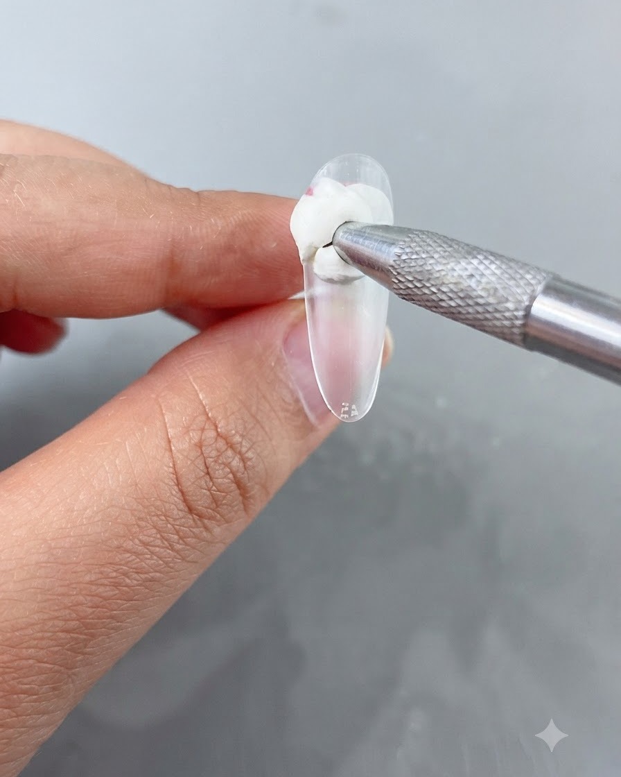 Eine Nahaufnahme eines Werkzeugs, das weißes Patting-Gel auf die Nagelspitze aufträgt.
