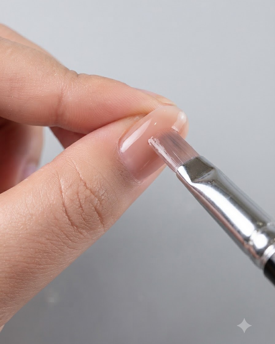 Ein Nagelpinsel trägt gleichmäßig durchscheinendes Nude-Pink-Jelly-Gel auf einen Fingernagel auf.