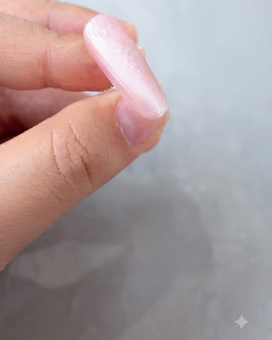 Eine Nahaufnahme eines rosa Nagels mit einer konzentrierten, leuchtenden Cat-Eye-Glasperlenreflexion.