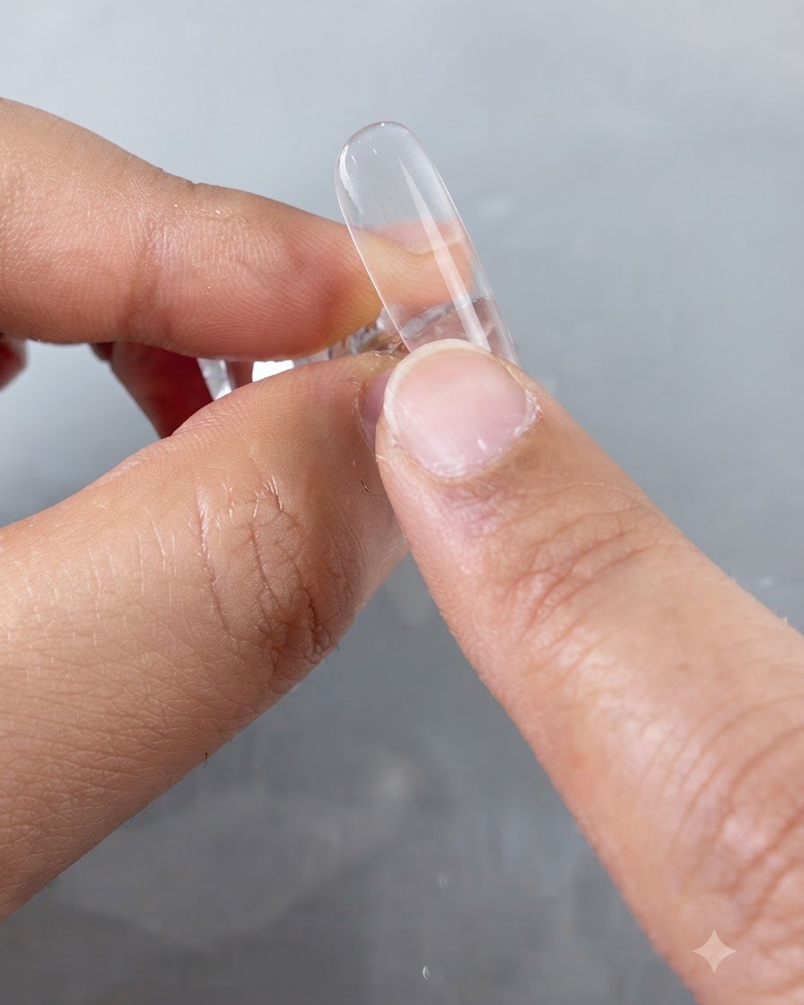 Ein Finger überprüft das Seitenprofil einer transparenten Nagelform, um eine glatte Oberfläche sicherzustellen.