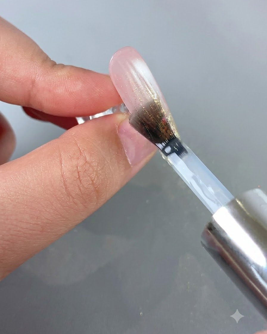 Ein Nagelpinsel trägt einen klaren Top Coat über einem Ombré- und Glitzer-Nageldesign auf.