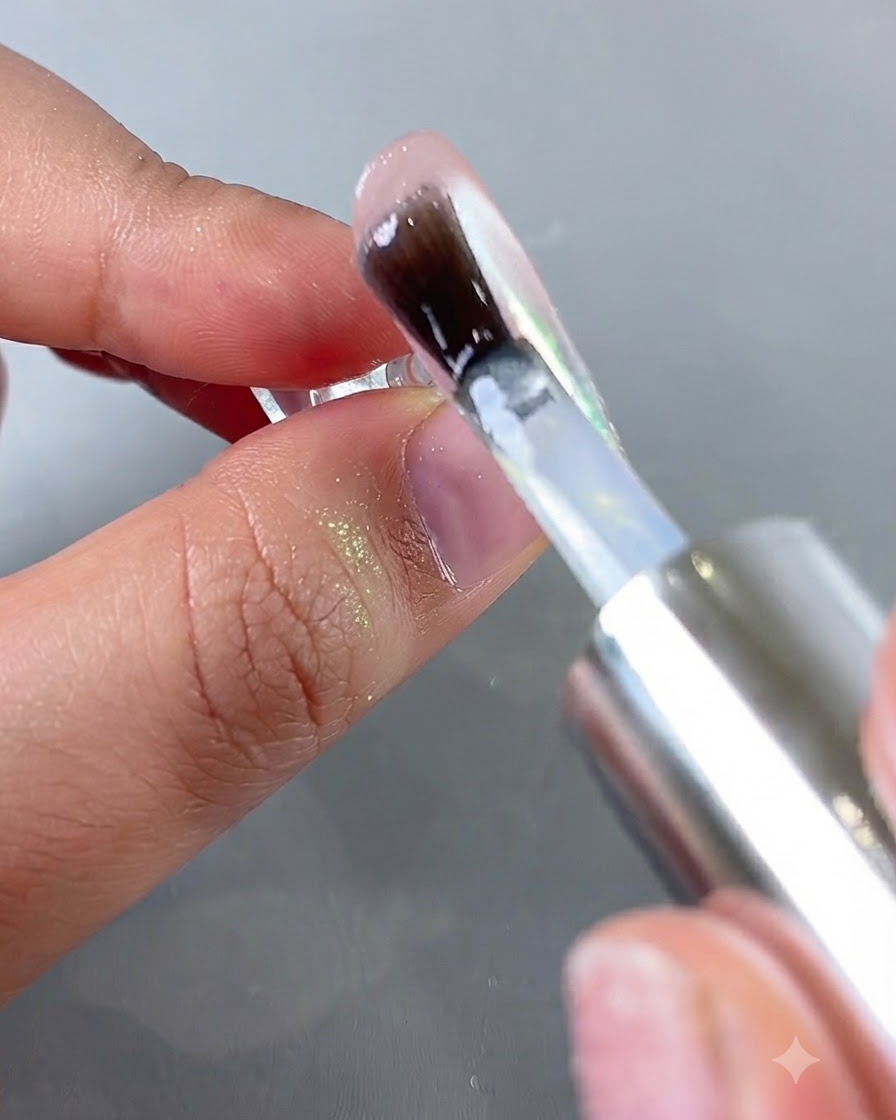 Ein Pinsel trägt einen klaren Top Coat über einer schimmernden Aurora-Chrom-Nageloberfläche auf.