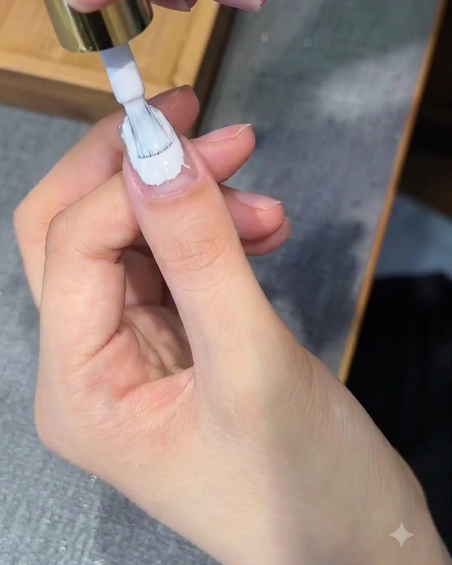 Pędzelek do paznokci nakładający przezroczysty top coat na ozdobiony paznokieć.