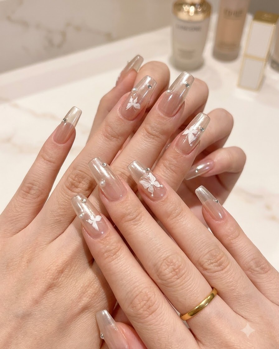 Zdjęcie makro wypielęgnowanych dłoni podkreślające skomplikowane kryształowe ozdoby i motylkowy nail art.