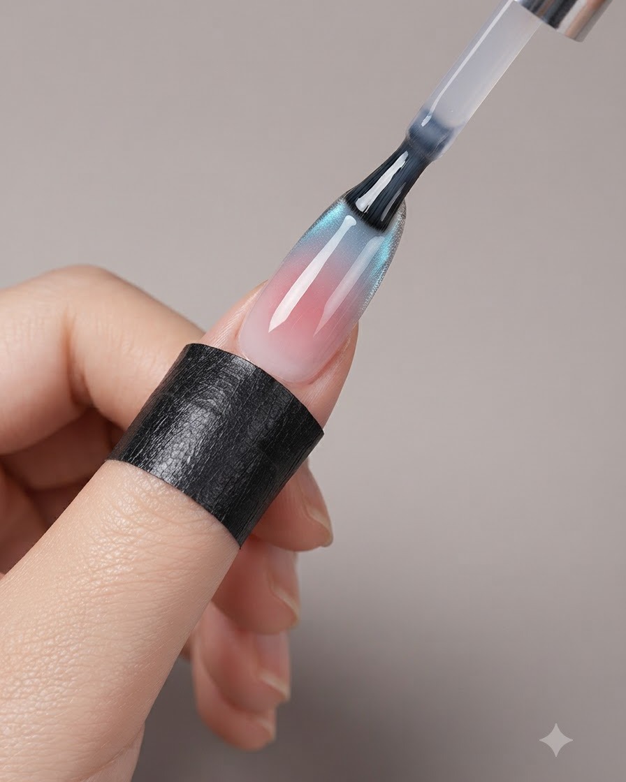 Pędzelek do paznokci nakładający błyszczący przezroczysty top coat na wykończony manicure cat-eye French.