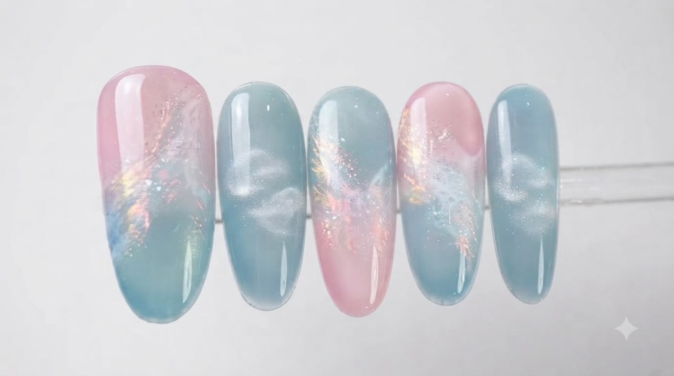 Różowo-niebieskie paznokcie gradientowe z efektami cat eye — tutorial krok po kroku