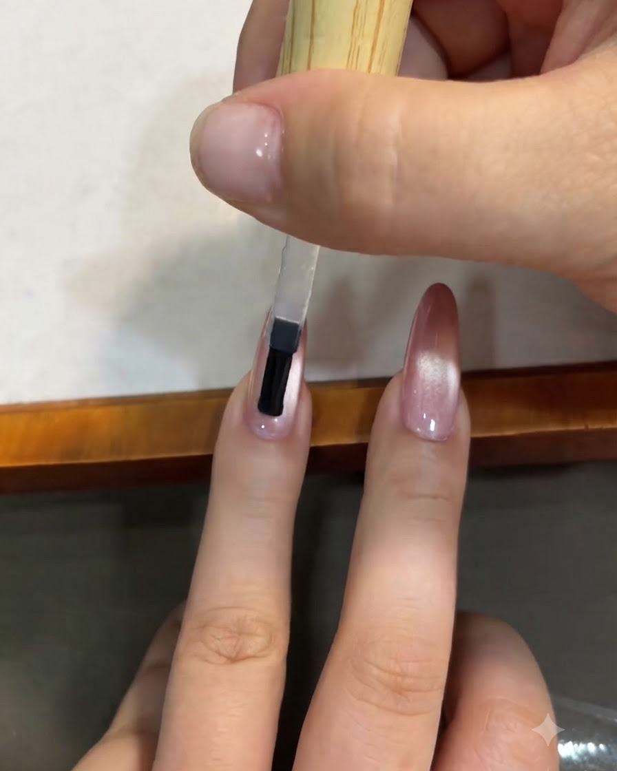 Pędzelek aplikujący przezroczysty top coat na paznokieć z różowym ombre i efektem kociego oka.