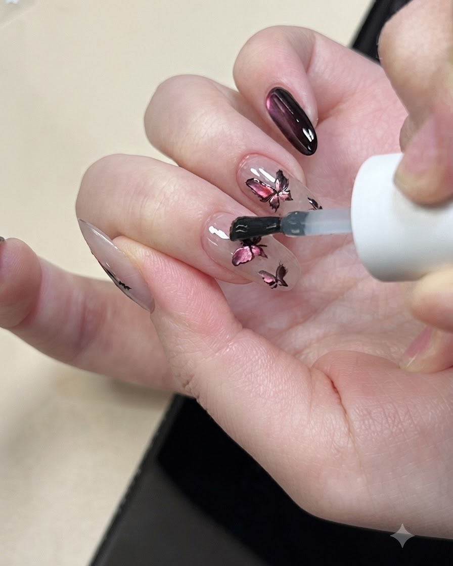 Cienki pędzelek liniowy wyciągający nitkę żelu spider web w celu utworzenia delikatnych linii dekoracyjnych na gotowym wzorze paznokcia.