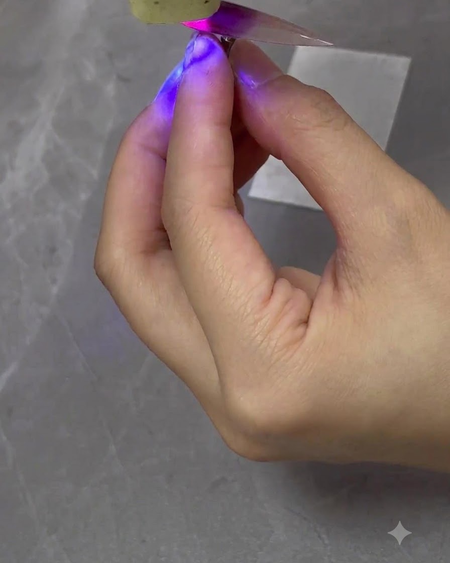 Mini fioletowa lampa UV LED utwardzająca pomalowany gradientowo tips trzymany w dłoni.