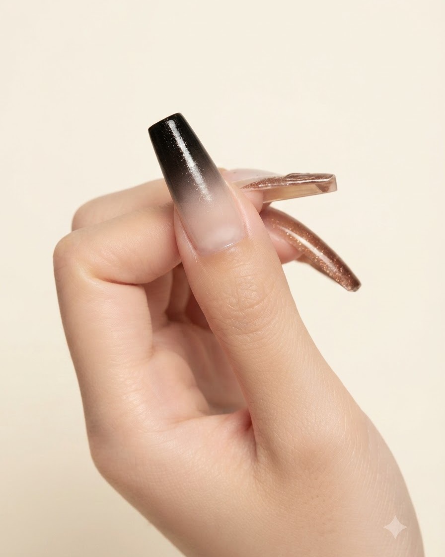 Drewniane narzędzie umieszczające małą kropelkę niebieskiego żelu magnetycznego cat-eye na powierzchni mieszania.