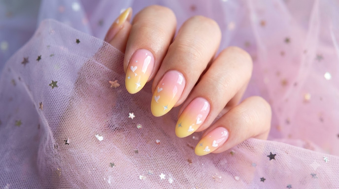 Różowo-żółte paznokcie ombre z motywem serc — tutorial krok po kroku