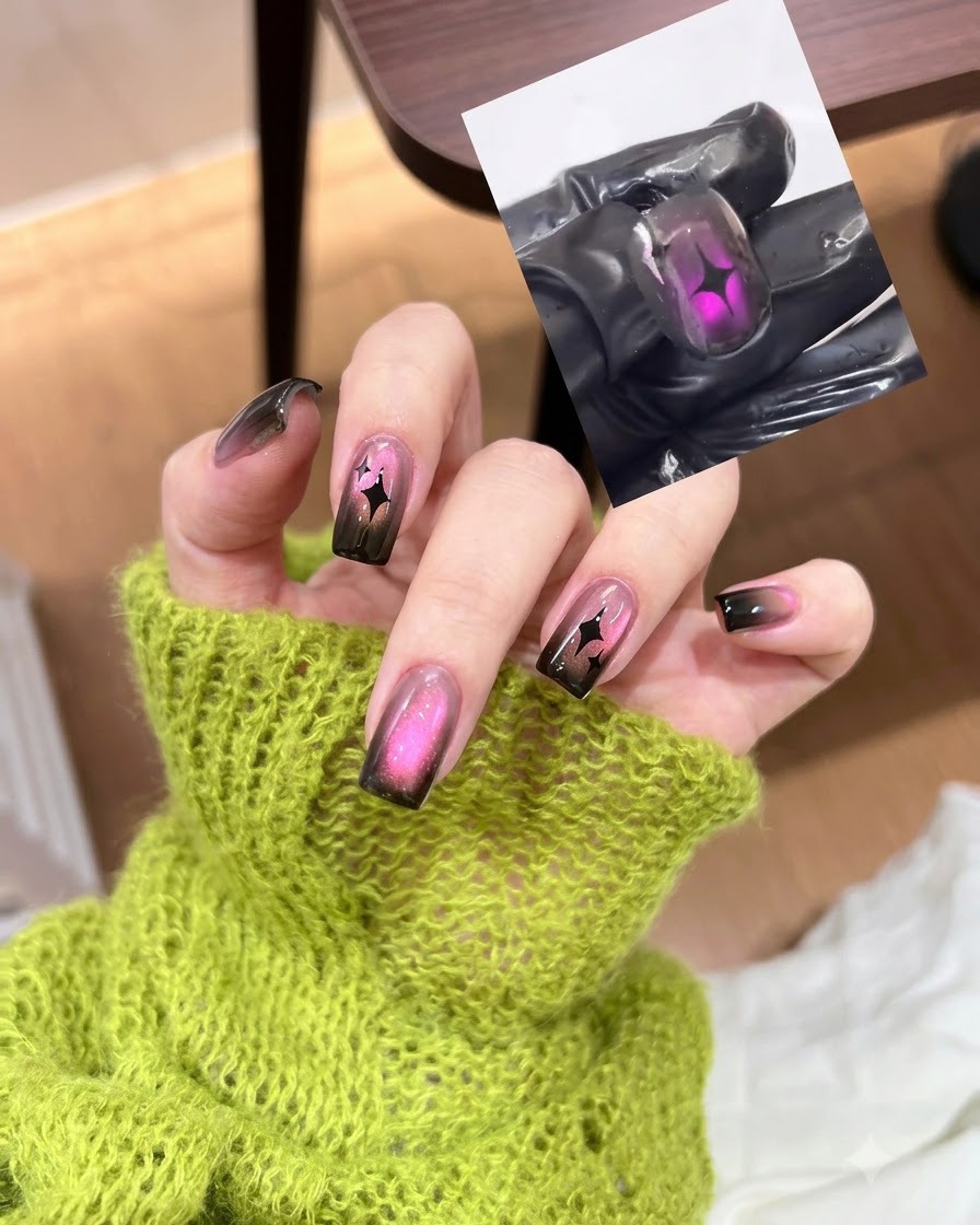 Magnes zbliżony do różowego paznokcia cat eye w celu przemieszczenia cząstek magnetycznych.