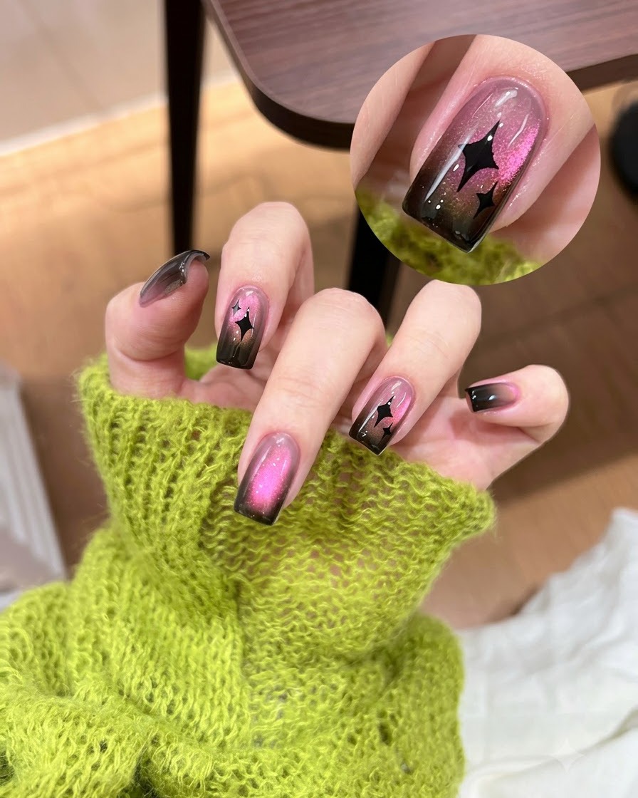 Pęseta umieszczająca czarną naklejkę w kształcie gwiazdy na gotowym paznokciu cat eye.