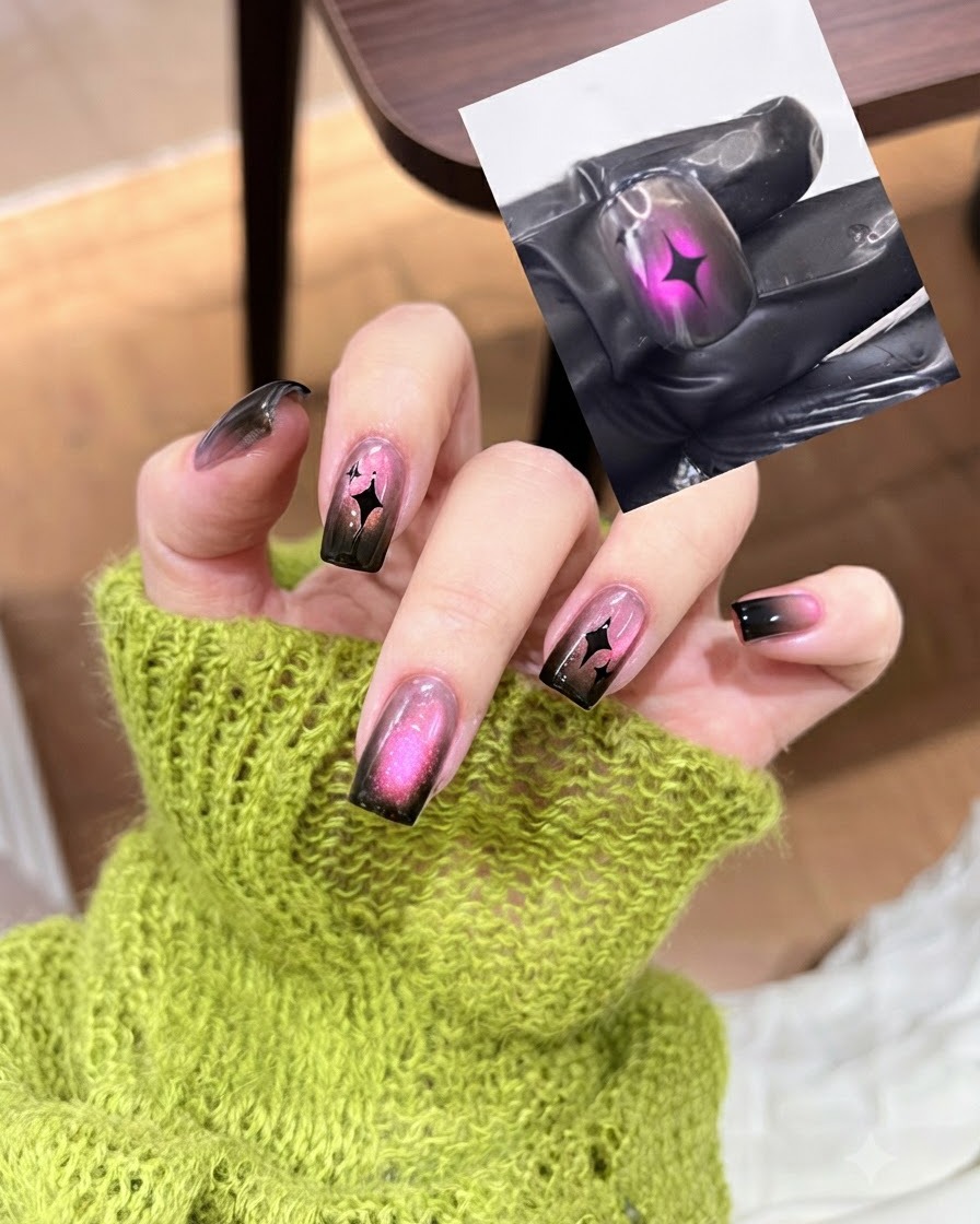 Pędzelek z top coatem nakładający przezroczystą, błyszczącą warstwę zabezpieczającą na gotowy czarno-różowy manicure cat eye.