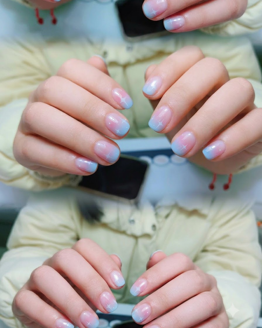 Dłonie umieszczone w świecącej lampie UV/LED podczas profesjonalnego manicure.