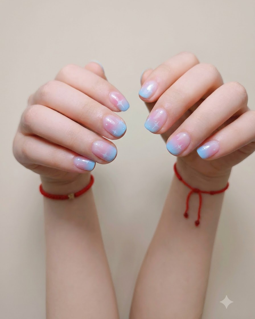 Zbliżenie ukończonego manicure z gradientem i gwiazdkami o wykończeniu na wysoki połysk.