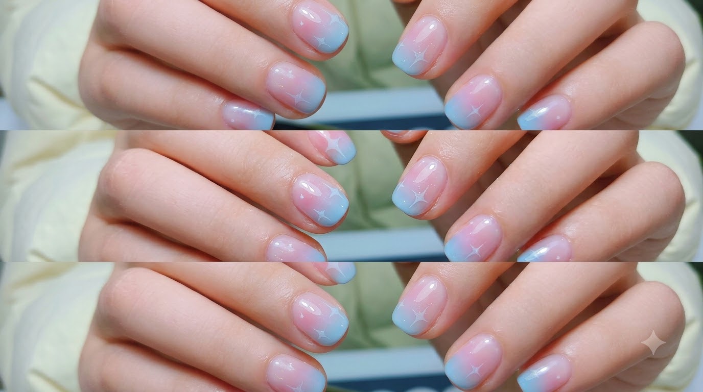 Różowo-niebieskie paznokcie ombre z motywem gwiazdek — tutorial krok po kroku