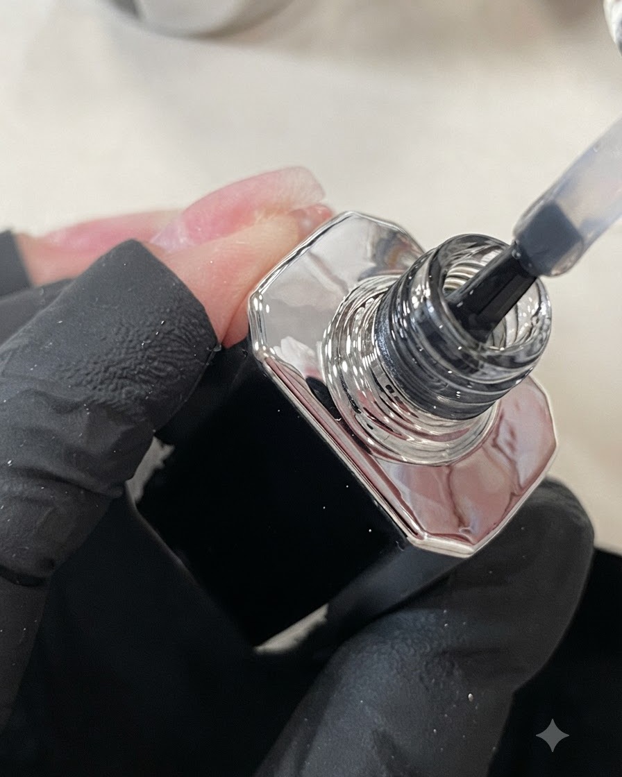 Pędzelek nakładający przezroczysty, błyszczący top coat na paznokieć środkowego palca.