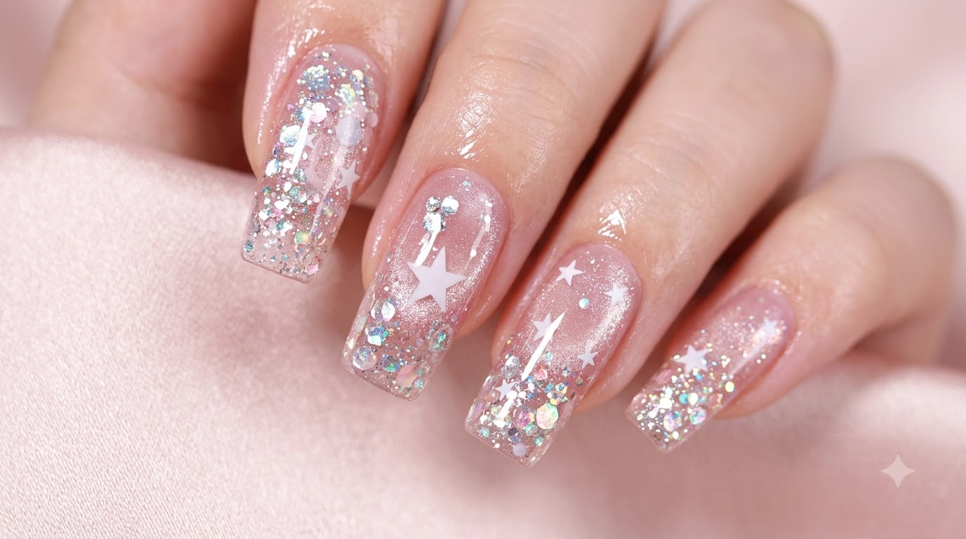 Błyszczące i gwieździste paznokcie Cat Eye z cekinami — tutorial krok po kroku