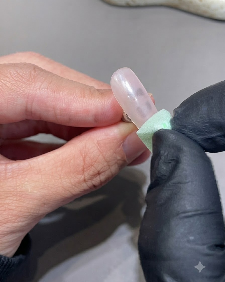 Teksturowana zielona gąbeczka do makijażu wklepująca pigment na końcówkę pomalowanego paznokcia.