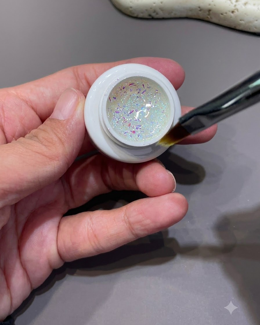 Mały pędzelek zanurzający się w słoiczku z opalizującymi bąbelkowymi płatkami i holograficznym brokatem.